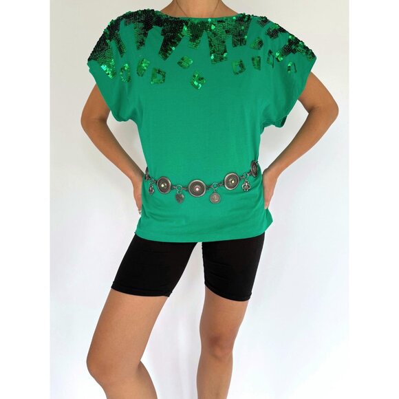 80s vintage green sequin embellished funky cotton short sleeved tee shirt large - Picture 2 of 10
